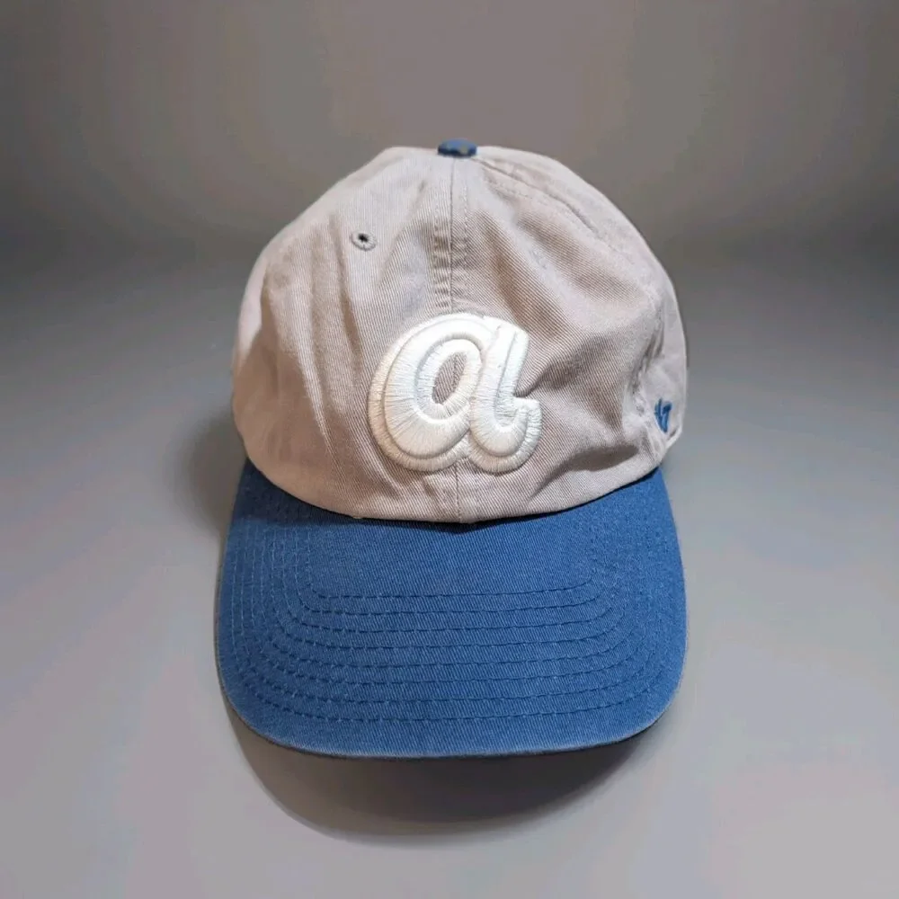 Atlanta Braves 47 Brand Clean Up Hat Khaki Tan Blue Script a Strapback Cap